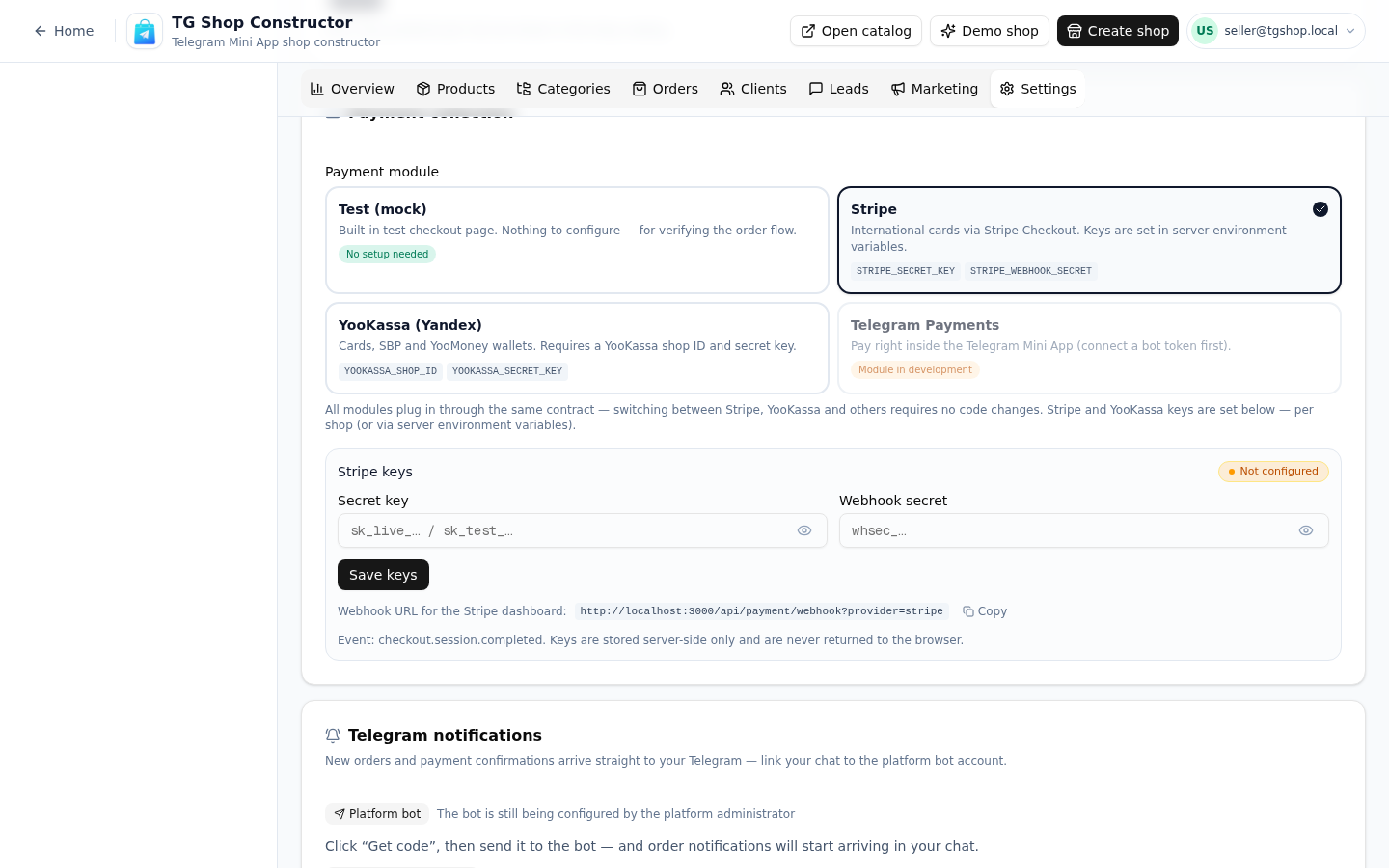 Payment settings screen with the Stripe module selected