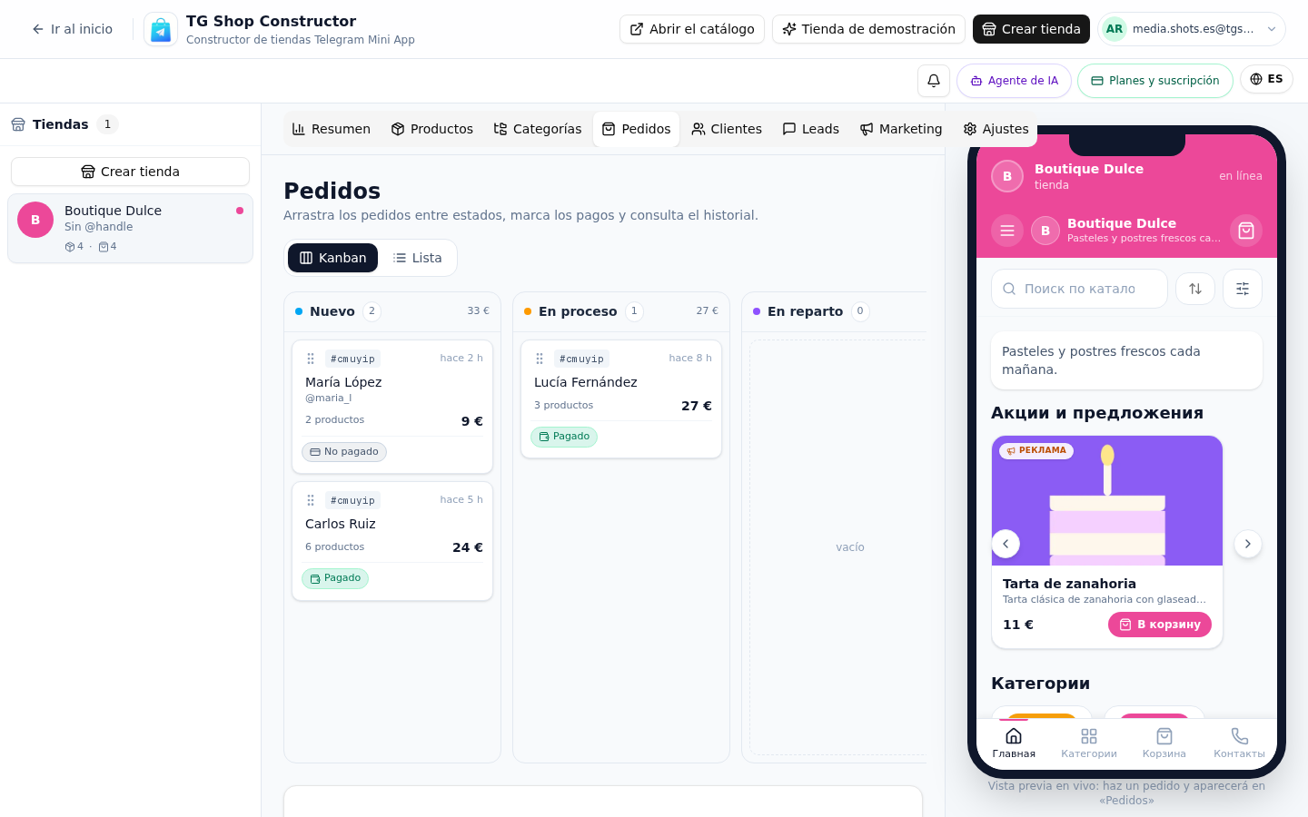 Kanban de pedidos — captura del panel de TG Shop Constructor