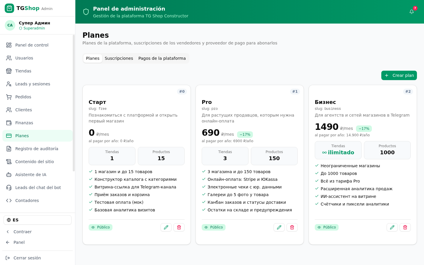 Planes de la plataforma — captura del panel de TG Shop Constructor