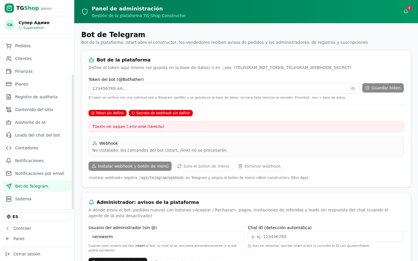 Bot de Telegram — captura del panel de TG Shop Constructor